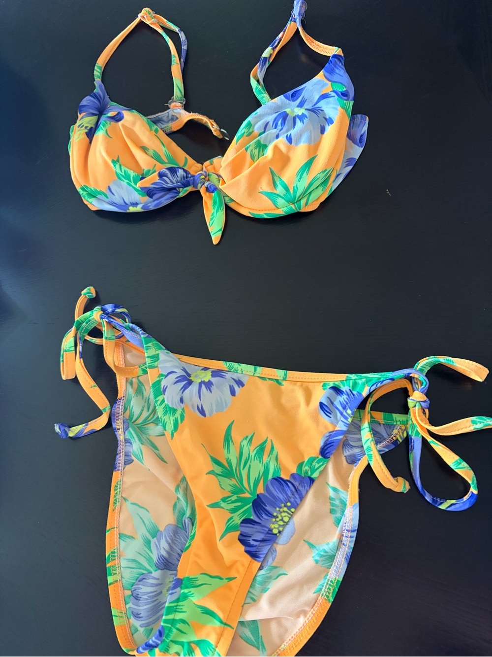 Twins Miami Orange Floral Tie Bikini with Blue & Green Flowers